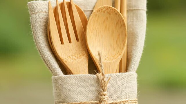Wooden cutlery set in a linen bag against a green background