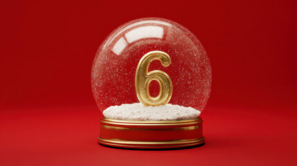 Snow globe with golden number 6 resting on snow against a vibrant festive red background. 12 days of christmas