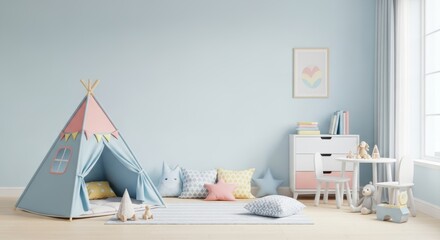 Aesthetic Playroom Decor with Teepee, Pillows, Furniture, and Toys for a child's space.