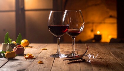 Broken wine glass spilling red wine beside upright glass on warm-toned wooden surface.
