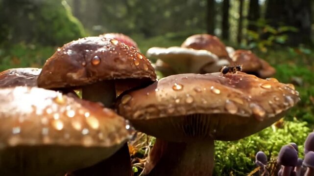 Intricate Fungal Ecosystems in Pristine Woodlands Showcasing the delicate balance and complex interconnections of various mushroom species within their natural, untouched forest habitats.