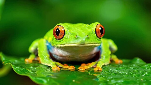 A vibrant green tree frog camouflaged perfectly amidst lush, dewy tropical foliage, showcasing its intricate skin texture and large, watchful eyes in stunning detail.