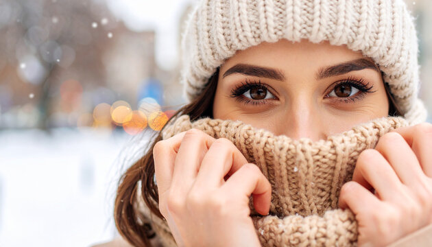 Close up de la mirada de una mujer abrigada contra el frio de invierno con gorro y bufanda de lana en paisaje urbano con nieve, para marcas de moda estilo de vida y campa&ntilde;as de gripe o salud