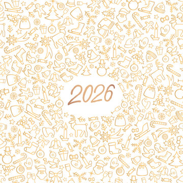 Christmas icon holiday background with 2026 lettering. Happy New Year  poster Winter holiday  greeting card design. Happy Winter Holiday line drawn decoration with handwritten numbers 2026