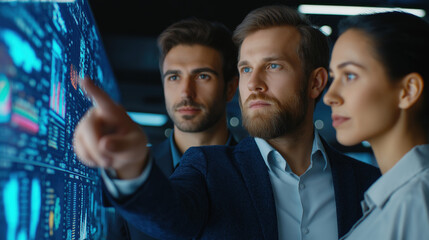 Diverse Team of Professionals Analyzing Financial Big Data on a Futuristic Interactive Screen for Strategic Business Intelligence.