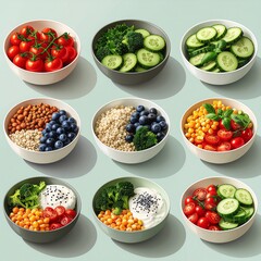 Vibrant assortment of healthy meal prep bowls with fresh vegetables, fruits, and grains, showcasing a concept of balanced nutrition and clean eating