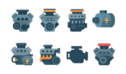 Car engine parts, motor components, flat vector illustration