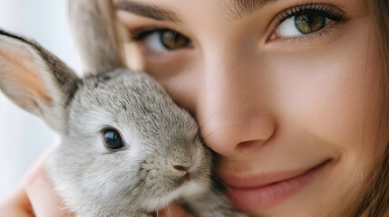 Naklejka premium An intimate close up captures a moment of tenderness between a young woman and her pet rabbit highlighting their bond and gentle connection