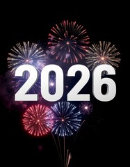 Celebrating the arrival of 2026 with a spectacular display of colorful fireworks against a dark night sky for a festive New Year's Eve event