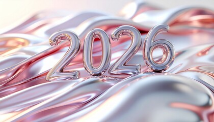 Shiny metallic foil numbers for the year 2026 on a luxurious rose gold silk fabric background for a festive celebration