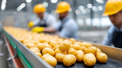 Fresh potatoes move along an industrial conveyor belt for sorting and processing in a food manufacturing facility overseen by workers