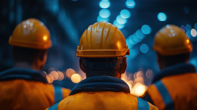 Three industrial workers in bright safety gear viewed from behind, observing production activities in a dark, atmospheric manufacturing plant. - Powered by Adobe