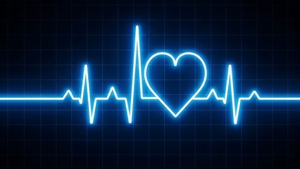 Glowing blue neon heart integrated into a vibrant electrocardiogram pulse line on a dark background