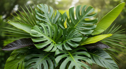 Lush Greenery Close-Up of Tropical Plants with Monstera Leaves, Palm Fronds, and Banana Leaves