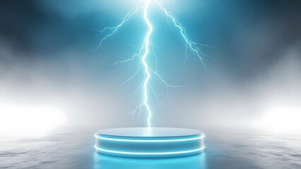 Bright blue lightning strike illuminates a futuristic glowing podium in smoky atmosphere