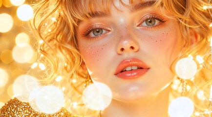 Young woman with festive glitter makeup and golden lights in her hair. Glamour portrait for a holiday or New Year's Eve celebration. Cosmetics and beauty concept