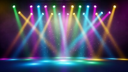 Vibrant stage lights illuminate a dark venue with colorful beams of light creating an energetic atmosphere