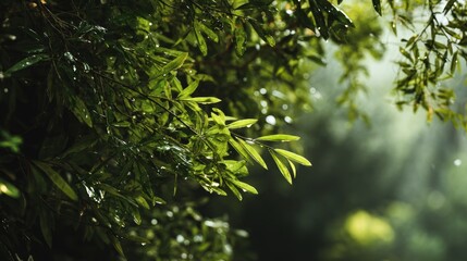 Fototapeta premium Tranquil Rainforest Ambiance: Green Leaves Adorned with Gentle Raindrops