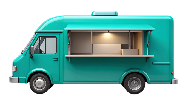 Vintage-Inspired Teal Food Van With Open Service Hatch, Hand-Drawn Illustration, PNG