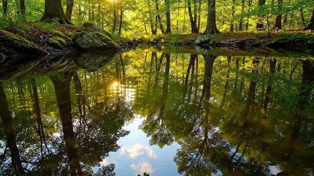 Capturing the ethereal dance of sunlight filtering through an autumnal canopy, mirrored perfectly on the still, glassy surface of a secluded forest pond, creating a mesmerizing symmetrical composition