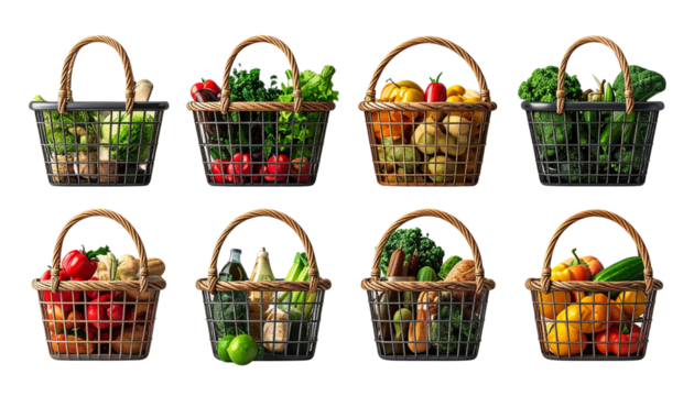 Set of Grocery Shopping Baskets with Mixed Food Items and Empty Basket, Transparent PNG - Powered by Adobe