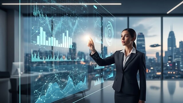 Elegant businesswoman analyzes futuristic data on interactive screen with city view, driving innovation and strategic planning in modern office setting