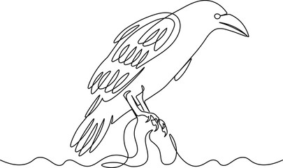 Obraz premium One Line Art Crow on Branch - Minimalist Continuous Line Drawing of Perched Bird