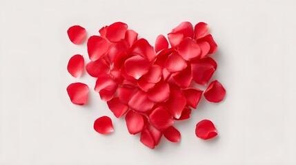Obraz premium Top view of scattered red rose petals artfully arranged into a classic heart symbol against a minimalist plain white backdrop perfect for themes of love and affection