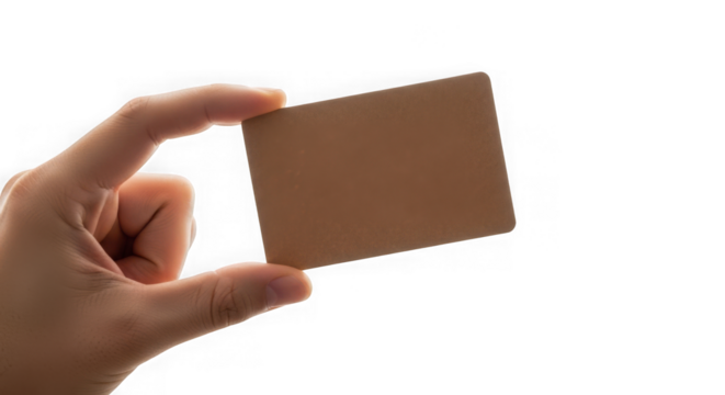 Hand holding a small brown square card isolated on transparent background - Powered by Adobe