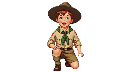 Happy young boy scout kneeling in uniform isolated on transparent background