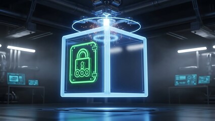 Abstract Digital Cube with Security Lock Icon in Futuristic Data Center