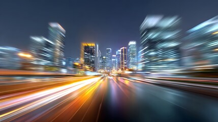 Dynamic motion blur captures the vibrant energy of a futuristic city at night with streaks of light from fast moving traffic creating an abstract energetic urban landscape