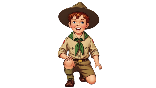 Happy young boy scout kneeling in uniform isolated on transparent background - Powered by Adobe
