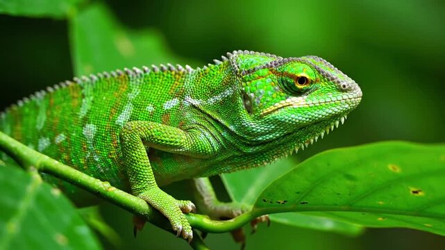 A close up view of a vibrant green lizard, perfectly camouflaged amongst lush tropical foliage, showcasing its remarkable adaptation to its verdant habitat.