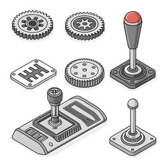 Collection of automotive gears and gear shifters in isometric view