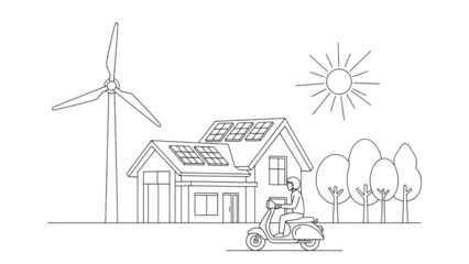 Sketch of ecofriendly house with solar panel, wind turbine, and scooter isolated on transparent background
