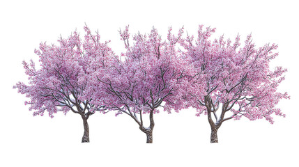 Three frost-covered plum blossom trees with pink flowers side by side on transparent background