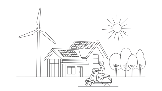 Sketch of ecofriendly house with solar panel, wind turbine, and scooter isolated on transparent background