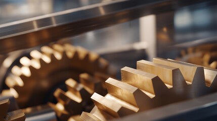 A close-up of interlocking metal gears rotating smoothly inside a transparent casing, warm workshop lighting highlighting precision engineering and synchronized mechanical motion — industrial