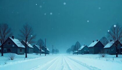 Fototapeta premium A wide, snowy road through a quiet residential area lined with houses under a cold, blue sky.