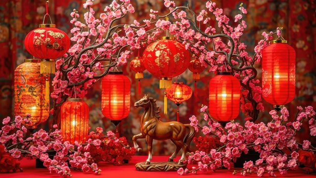 Vibrant chinese new year scene with red lanterns and cherry blossoms