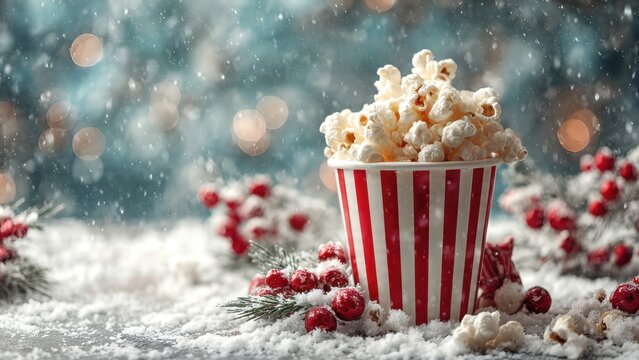 Festive popcorn delight in red stripe box amidst winter wonderland snowflakes - Powered by Adobe
