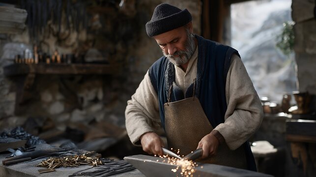 A traditional metalworker forging patterned Damascus steel in a dim workshop, sparks flying as layered metal reveals ancient techniques — heritage metallurgy, ancestral craftsmanship, and slow-made