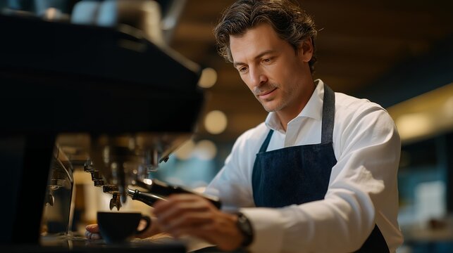 A barista calibrating an espresso machine early in the morning, adjusting grind size and flow rate to achieve perfect extraction — specialty coffee preparation, beverage precision, and artisan café - Powered by Adobe