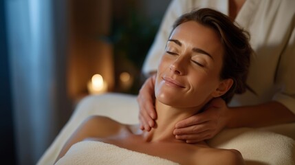 Naklejka premium A wellness therapist performing a gentle lymphatic drainage massage on a client’s face, soft rhythmic movements sculpting the jawline under warm spa lighting — detox massage therapy, facial