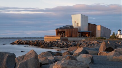 A waterfront redevelopment meeting where planners study flood-risk maps, sea-level rise projections, and resilient coastal designs — climate adaptation planning, resilient architecture, and