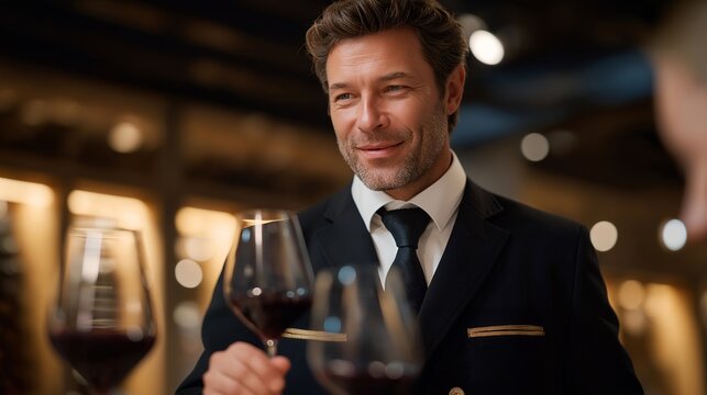 A wine sommelier leading a refined taste-tasting experience in a dim, elegant cellar, swirling glasses under warm lighting as participants compare aroma notes — luxury wine culture, sensory - Powered by Adobe