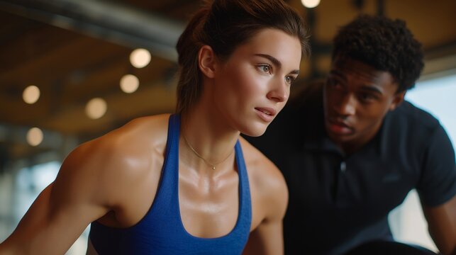A fitness trainer teaching correct deadlift form, guiding a client on maintaining a neutral spine with slow, controlled motion — safe strength training, injury prevention, and proper biomechanics.
