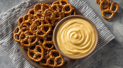 Crispy pretzels with delicious cheese dip for snack
