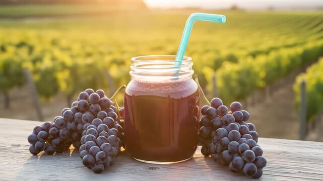 Sunlit vineyard scene features jar of grape juice, blue straw, and grape clusters on weathered wood